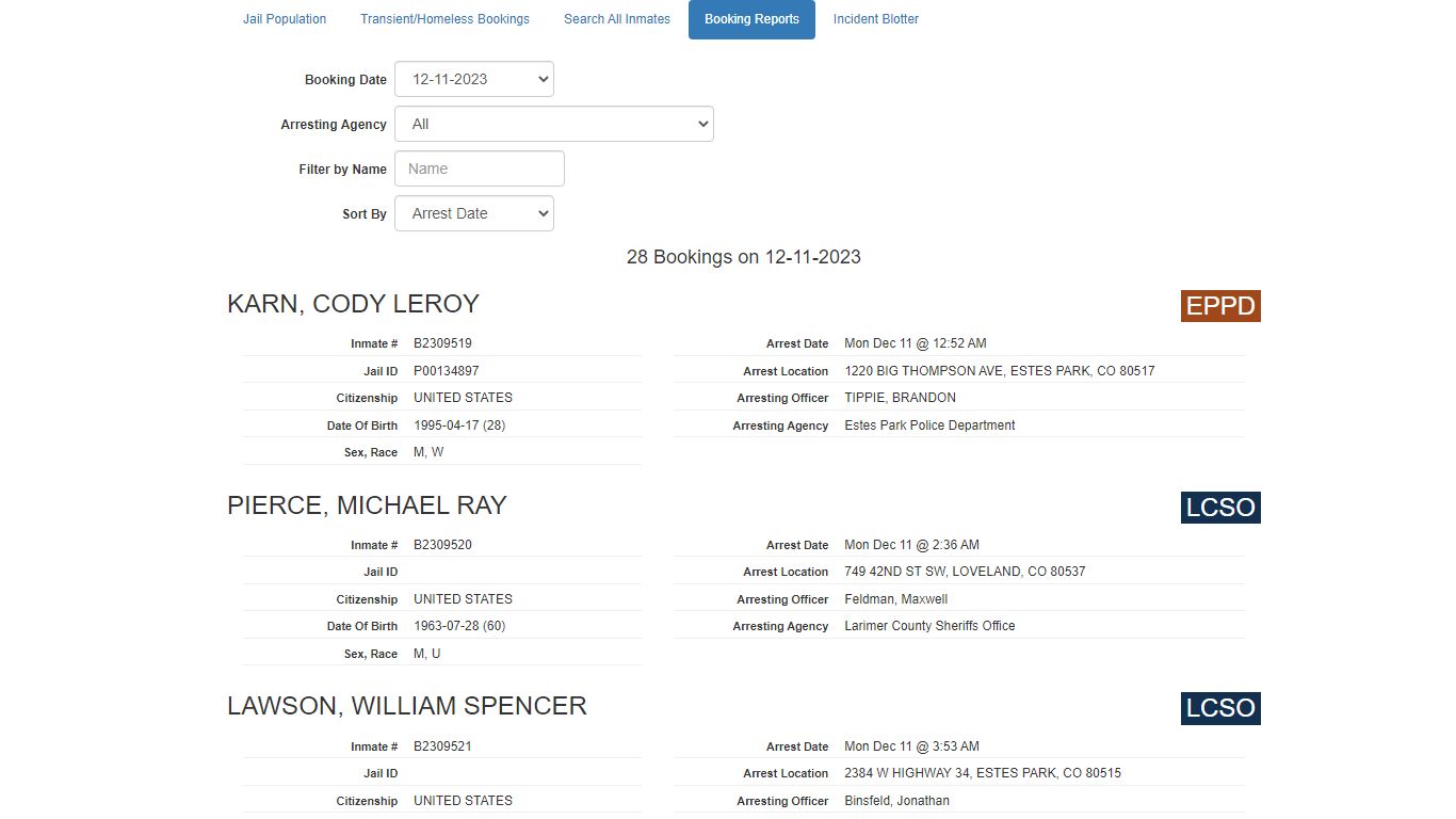 Booking Report - Larimer County Sheriff